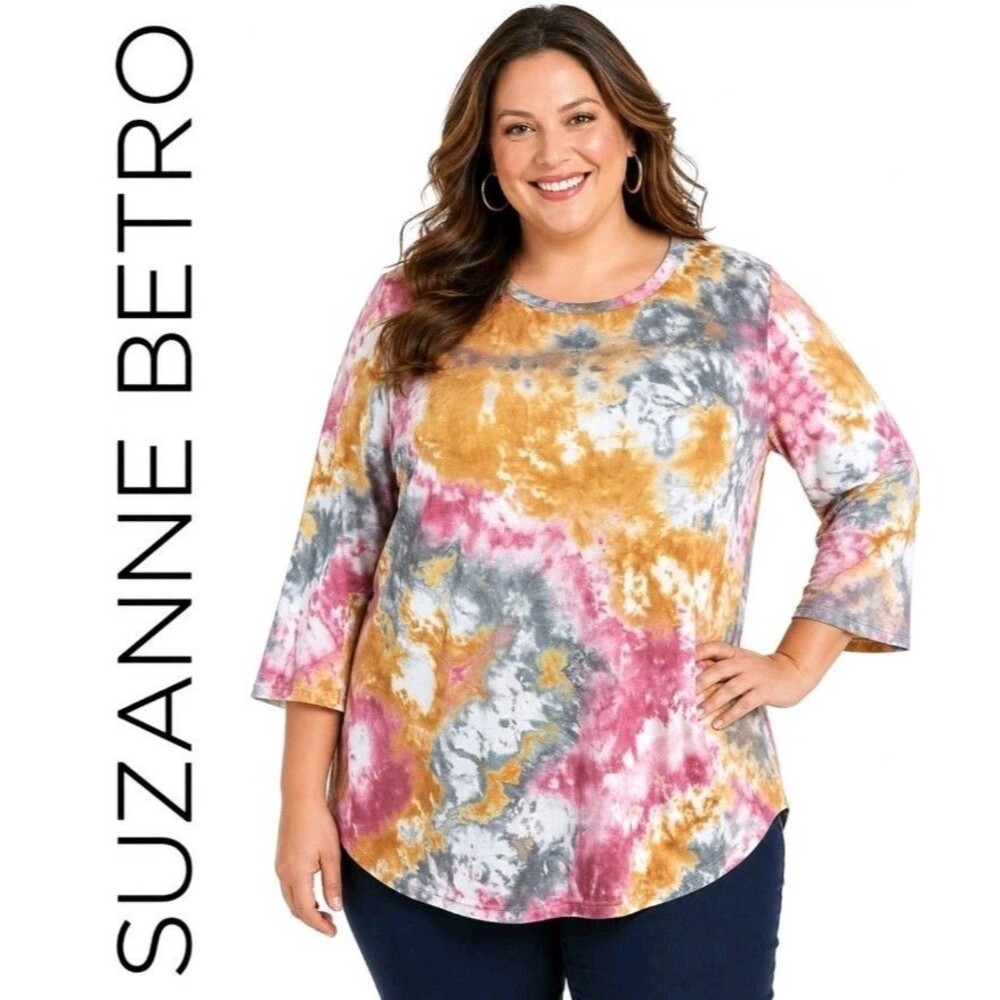 WEEKEND SUZANNE BETRO Womens 1X Tie Dye Hippie 3/4 Bell Slv Spandex Colorful Top